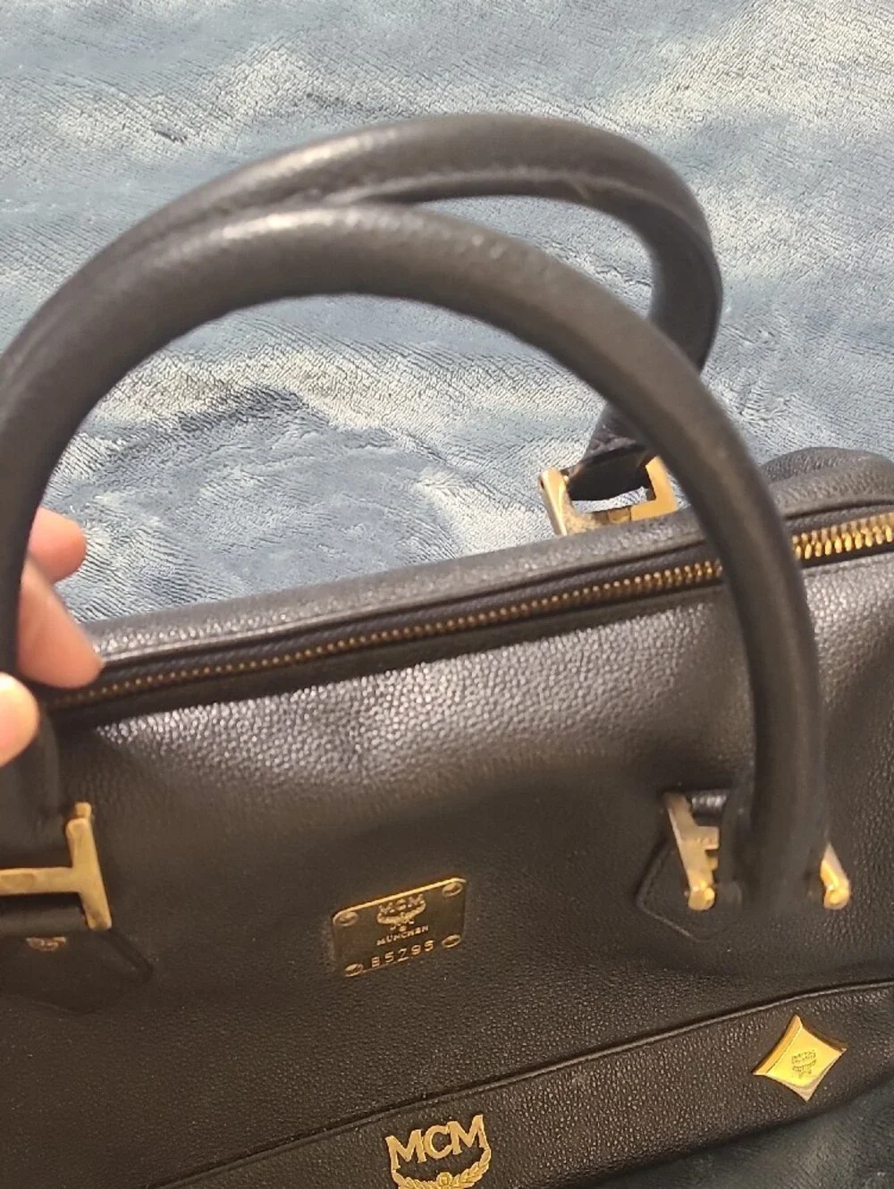 MCM Black Leather Bag with Gold Logo Plate